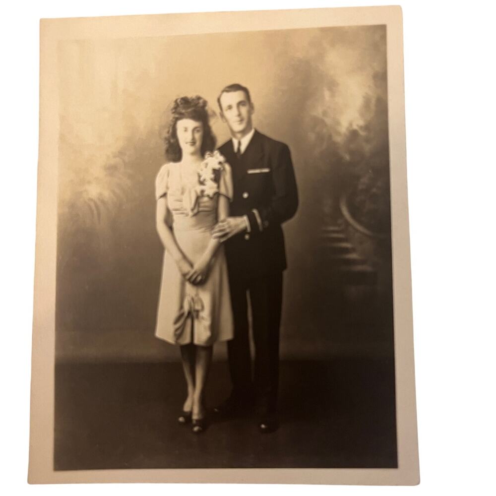 Vintage 1940s Couple Studio Portrait Photograph Man in Uniform Handwritten Note